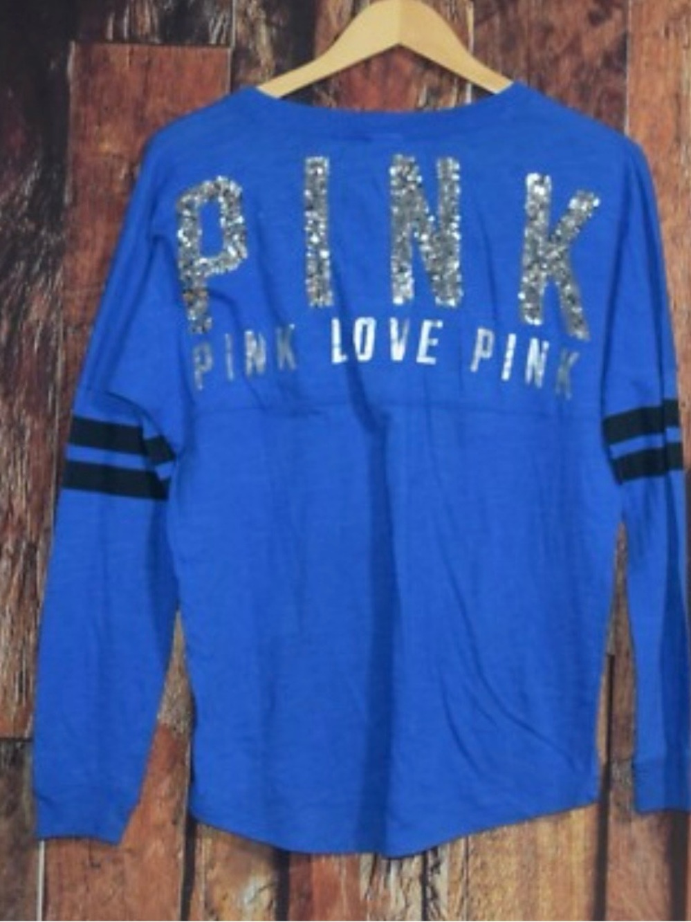 PINK Victoria's Secret Royal Blue Long Sleeve Tee with Silver Sequin Logo